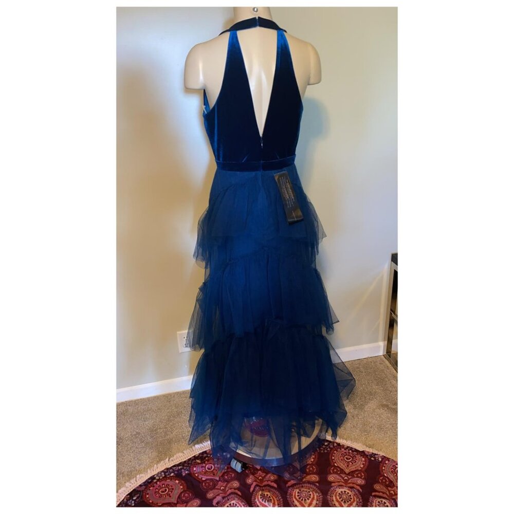 BCBGMAXAZRIA TIERED FLOOR LENGTH GOWN IN POSEIDON BLUE - Picture 2 of 8